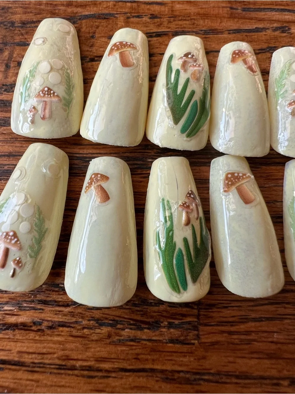 Yellow Mushroom Coffin Press-On Nails – Floral & Leaf Accent Set